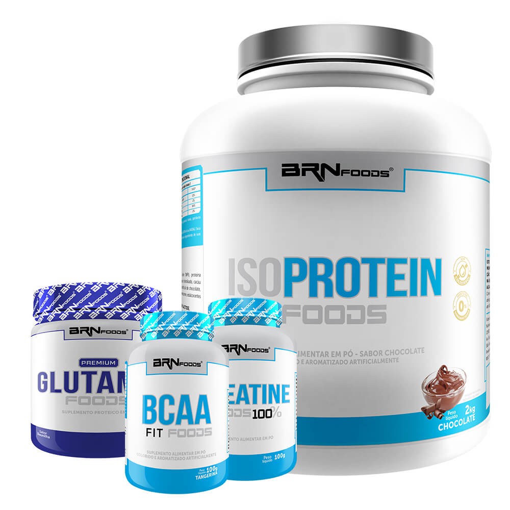 Kit Whey Protein Iso Protein Foods 2kg + Creatina 100% Pura 100g + BCAA 120 Caps + Glutamina 250g - BRNFOODS