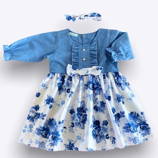 Vestido De Bebê Menina Floral Azul Manga Longa Luxo com Tiara 100% Algodão