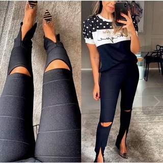 Calça Legging Bandagem Skinny Preta | Zíper na Perna | Rasgo no Joelho