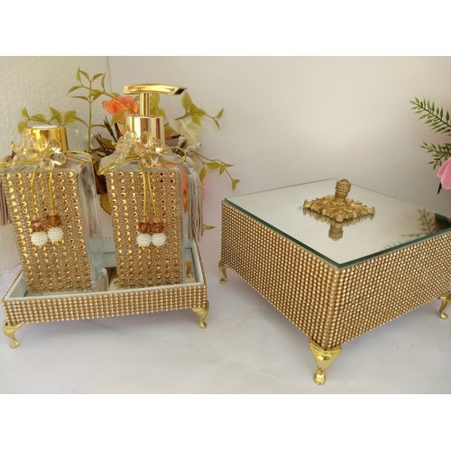 Kit Lavabo Dourado Com Bandeja E Caixinha Decorado No Stras