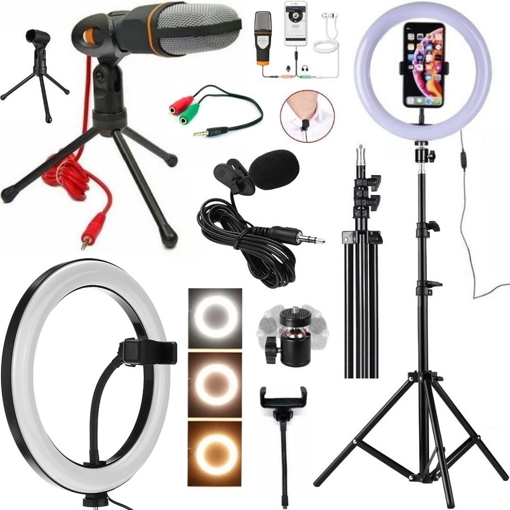Kit Ring Light Luz Led Tripé suporte celular + Microfone Profissional Vídeo Aulas Filmagem