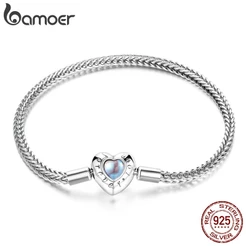 Pulseira De Prata Esterlina 925 Bamoer Com Fecho De Coração E Pedra Da Lua , Joias Moda , Presentes Para Mulheres