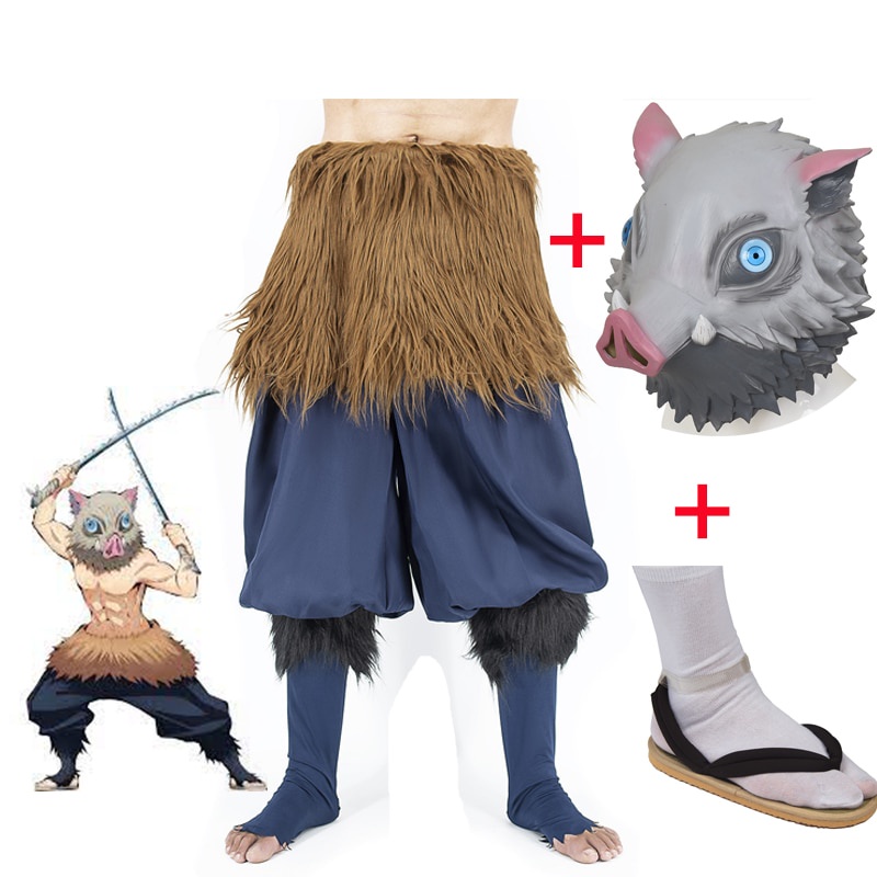 Anime Demon Slayer Kimetsu no Yaiba Hibira Inosuke Cosplay Silicone Porco Máscara Preta Meias Sandálias