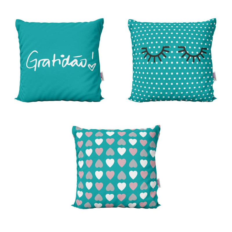 Capas para Almofadas Azul Turquesa Geometricas e Decorativas Frases Gratidão 40x40 - Novadecora