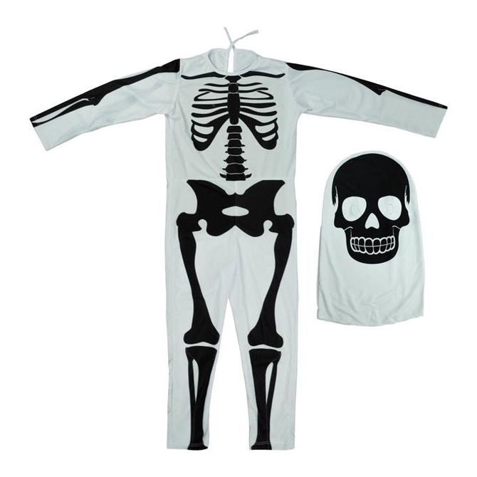 Fantasia Caveira Infantil de Halloween Longa Branca Com Gorro Esqueleto em Oferta na Shopee