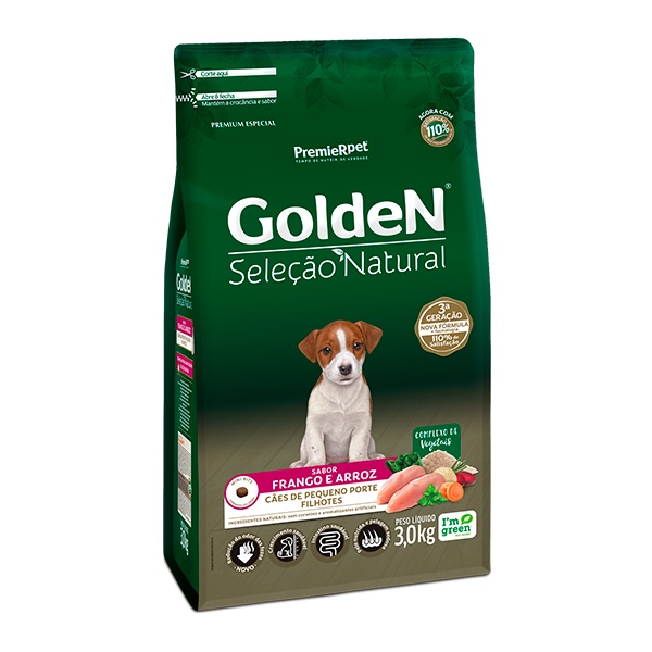 Ração Golden Seleção Natural Mini Bits para Cães Filhotes de Pequeno Porte Sabor Frango e Arroz - 3Kg em Oferta na Shopee