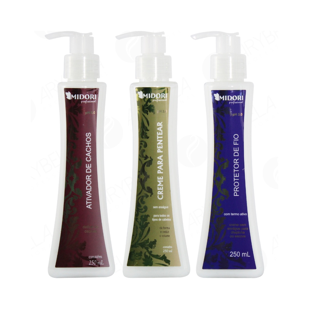 Kit Home Care Ativador de Cachos 250ml + Creme de Pentear 250ml + Protetor de Fios 250ml Midori
