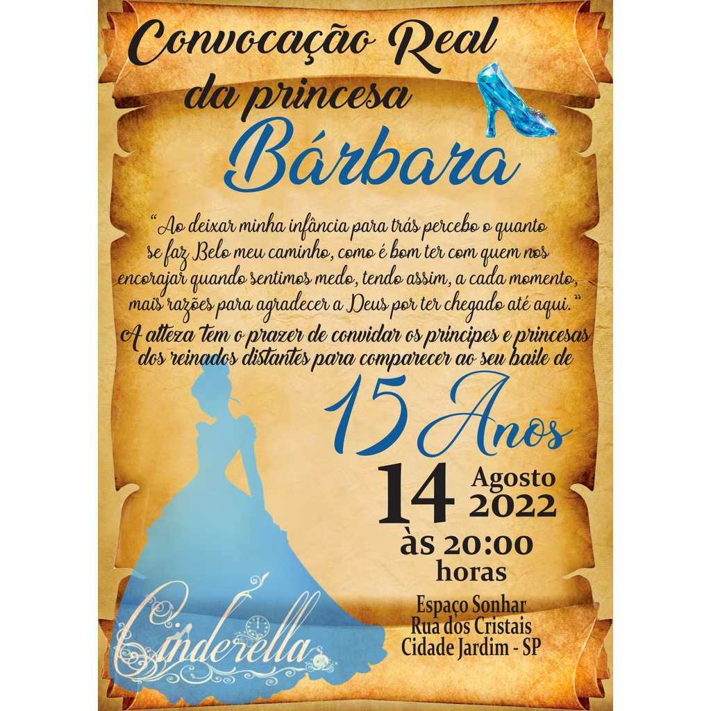 Convite 15 Anos Cinderela Convite Pergaminho com Fita para amarrar