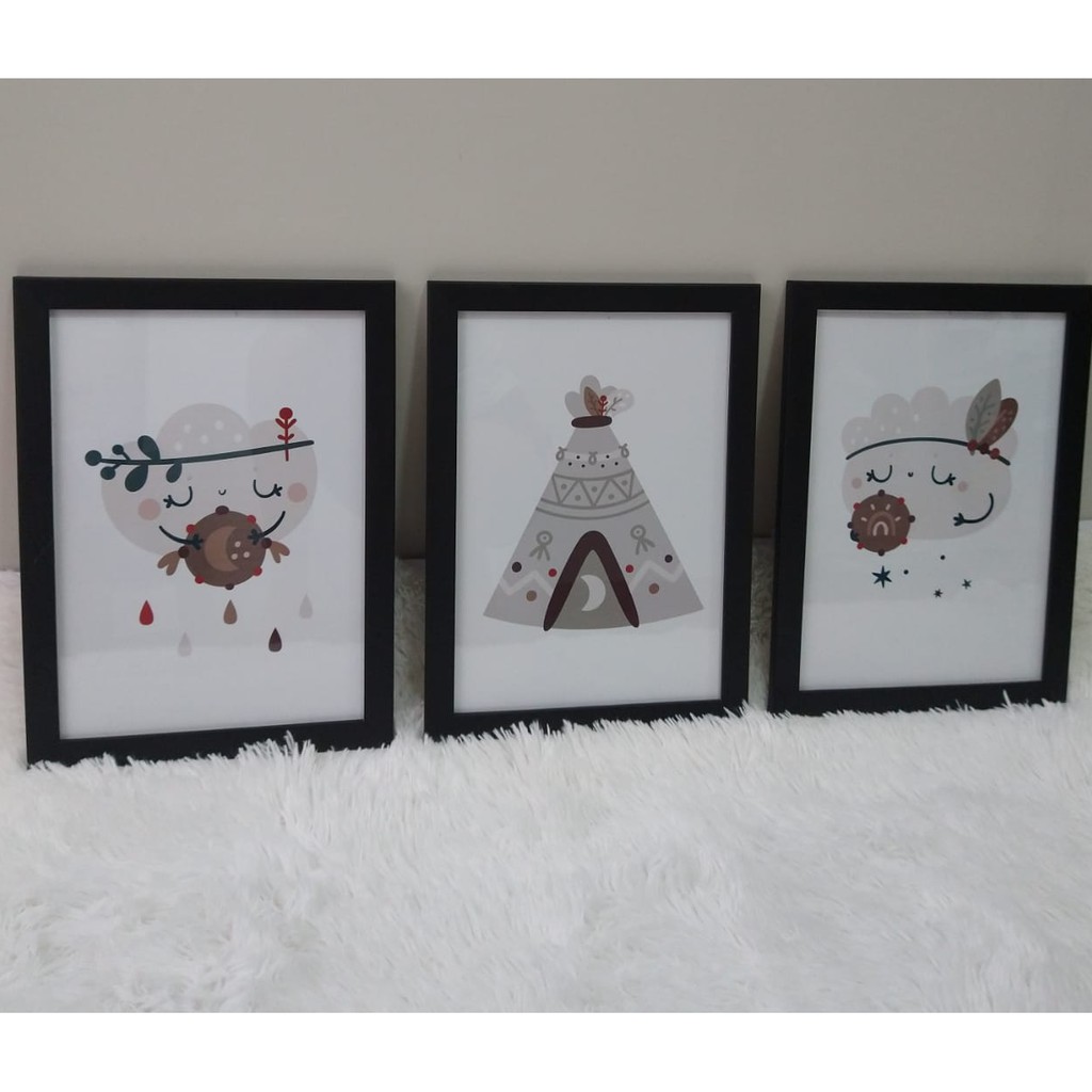 Quadro para decoração com moldura e vidro quarto infantil masculino feminino nuvem barraca tenda índio menino menina