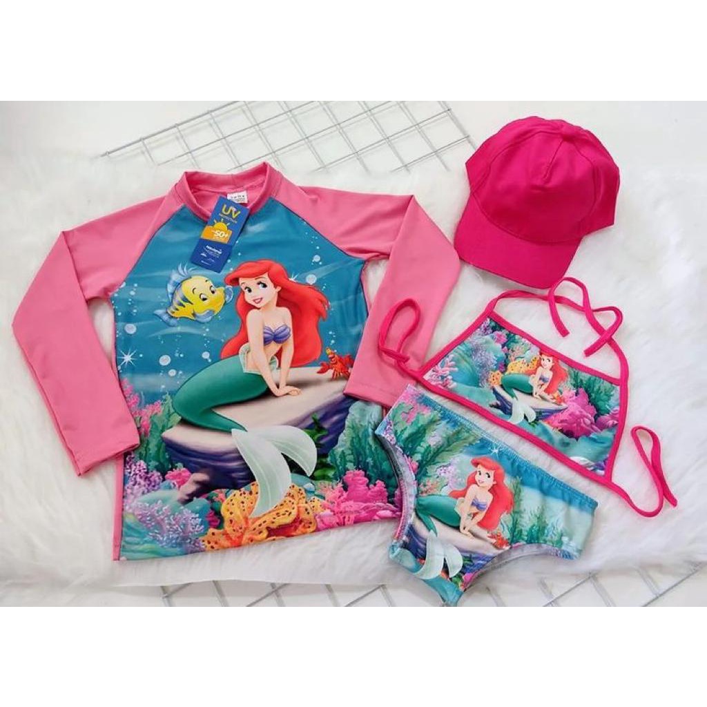 Kit Biquini Infantil + Blusa Com Proteção Solar Infantil + Boné Chapéu Kit Proteção Solar Infantil Completo