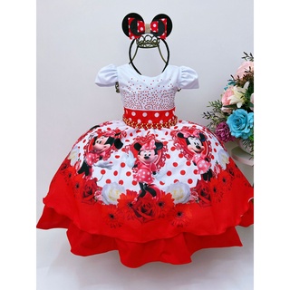Vestido Infantil Minnie Vermelho Bolinhas Pérolas C/ Tiára
