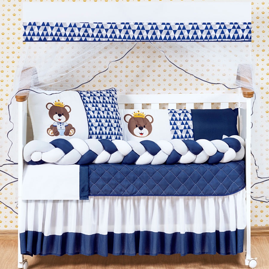 Kit Protetor Berço Trança 11 Peças com saia Urso Rei