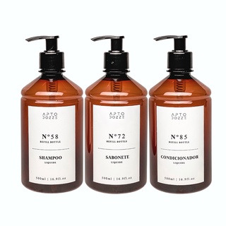 Frasco Ambar de Plástico 500ml Barril 3pçs - Shampoo Condicionador e Sabonete