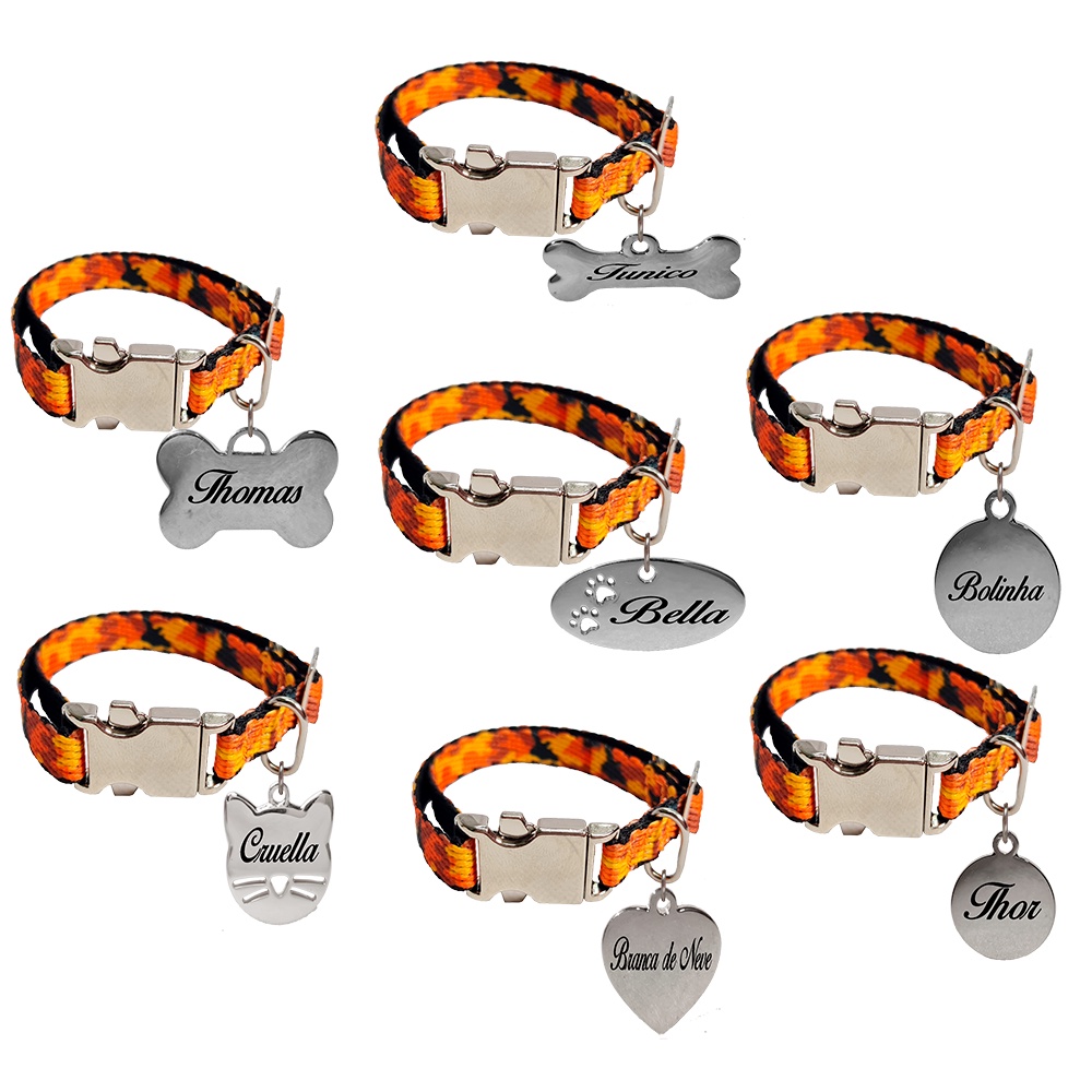 Coleira Gato Mini Raças Personalizada Identificação Luxo Nome Telefone Gravado Laser Camuflada Laranja Fecho