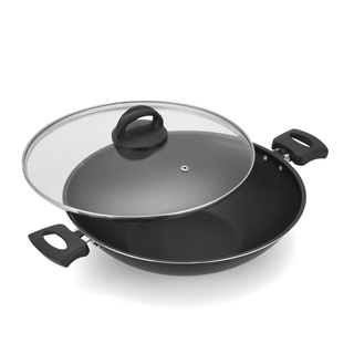 Panela Wok Oriental Antiaderente Interno e Externo Alumínio Nacional Com Tampa de Vidro e Caixa 30cm