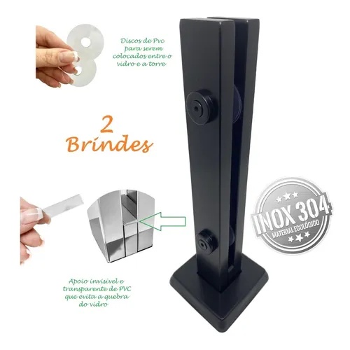 Coluna Torre Aço Inox 304 Com 40 Cm Preto Fosco Guarda Corpo Corrimão 2 Furos