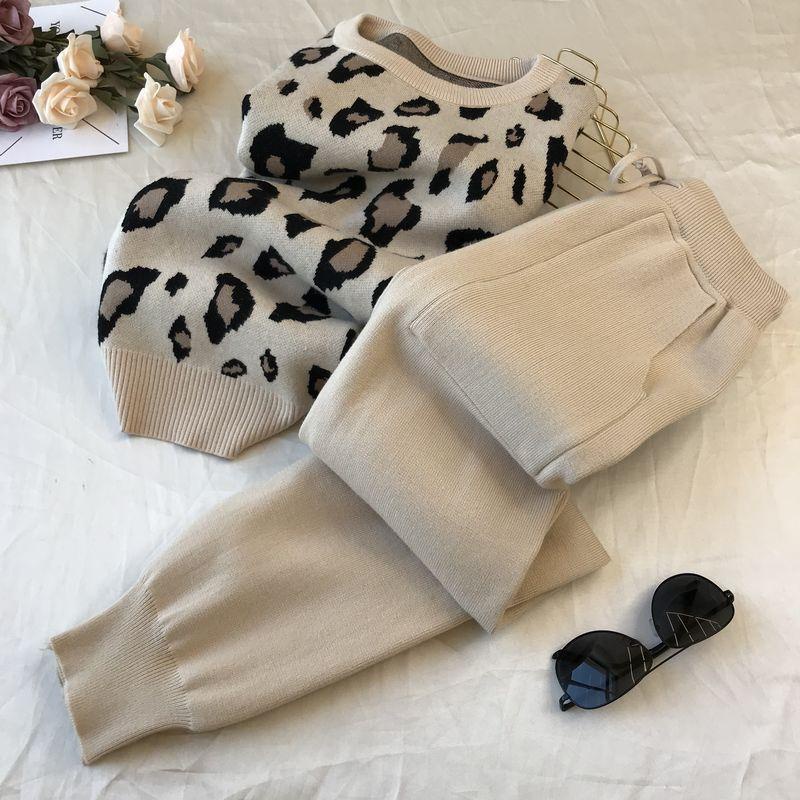 Mulheres Da Cópia Do Leopardo De Malha De Duas Peças Define Primavera Outono Manga Comprid...