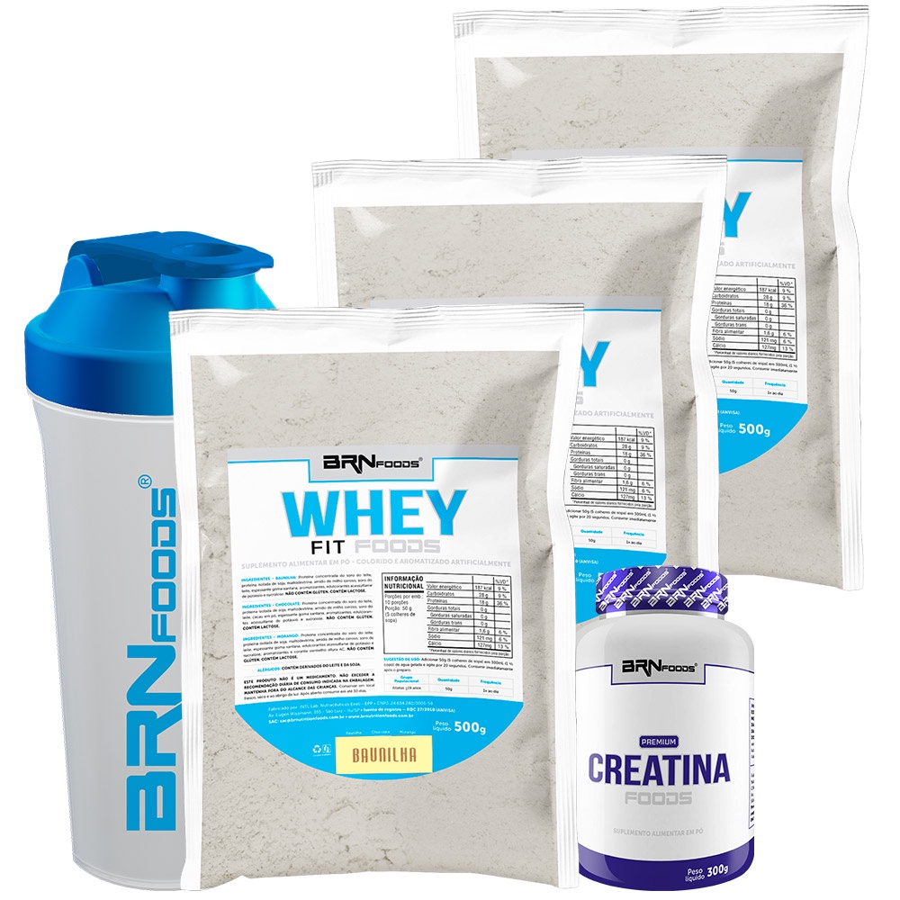 KIT 3x Whey Protein Concentrado em Bled Proteíco 500g + PREMIUM Creatina 300g + Coqueteleira - BRN Foods