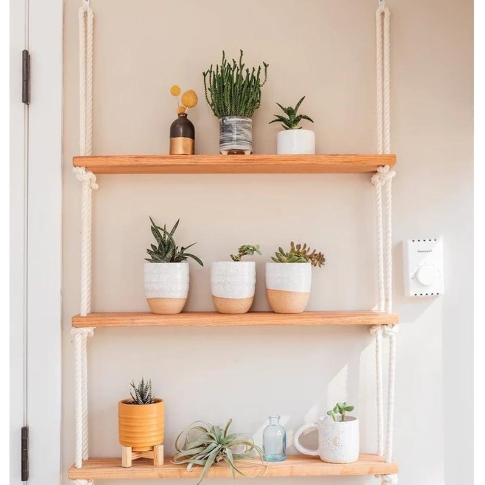 Prateleira de Madeira Suspensa com Cordas Nicho Decorativo