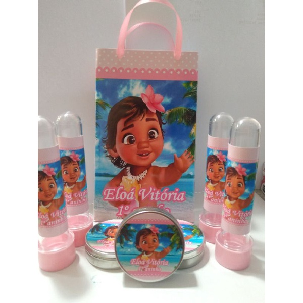 Kit Festa 60 Itens Moana Baby Lembrancinhas personalizadas (10 sacolinhas 10 tubetes 10 latinhas 15 Toppers para docinhos e 15 Forminhas)