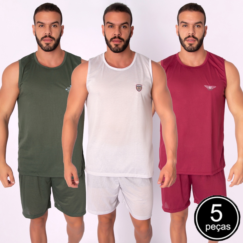 Kit 5 Pijama Masculino Regata Liso Short Curto Dormir Básico Adulto Malha Verão