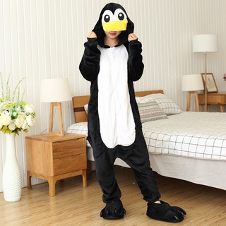 Kigurumi Pinguim Preto Dos Desenhos Animados Flanela Pijamas Baju Tidur Mulheres Com Capuz Sleepwear Macacão Animal Traje Cosplay Onesies