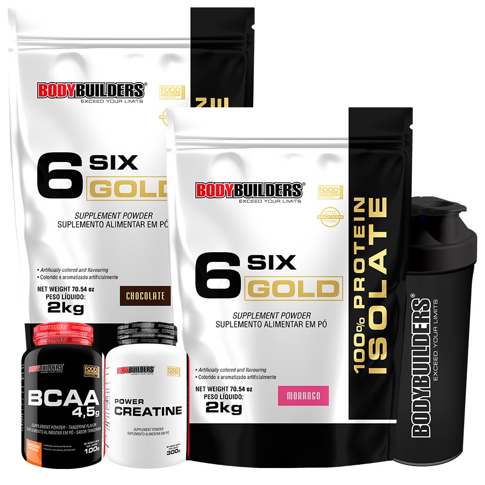 Kit Whey Protein Isolado em Pó Six Gold 2 Kg + Power Creatina 100g + BCAA 4,5 100g + Coqueteleira - Kit Perfeito Para Treino de Alta Intensidade - Bodybuilders