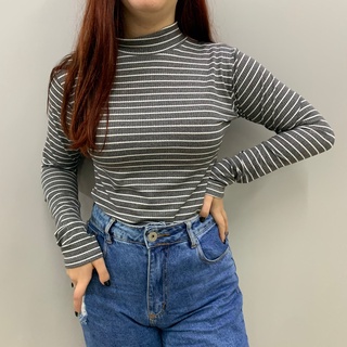 Blusa Feminina Manga Comprida de Golinha Longa Moda Casual Cacharrel Básica Lisa Elegante Look Golinha Listrada