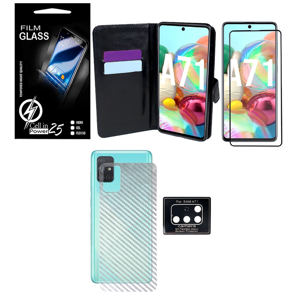 Capa Capinha Case Flip Carteira PRETA + Vidro 3D + Skin Fibra Carbono + Pelicula de camera Camera Galaxy A71 A715 (Tela 6.7)