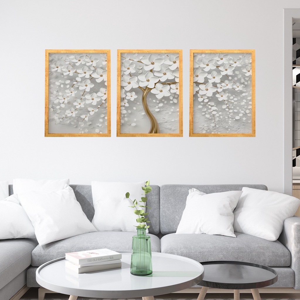 Quadro Decorativo Árvore Cerejeira Branca Dourado 3 Peças 40x60 cm Moldura Grande Sala Quarto Flores — imagem 2 de 2