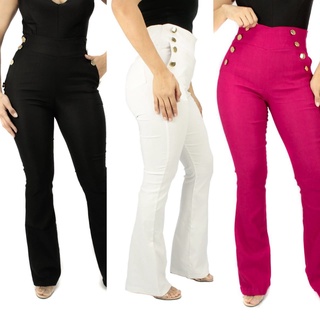 Calça Flare Feminina Botões Bengaline