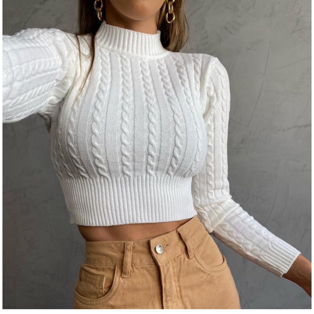 Blusa Cropped Trança Manga Longa Tricot Tricô Modal