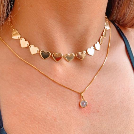 Gargantinha Choker De Coração Ouro 18k + Colar Ponto De Luz Ouro 18k