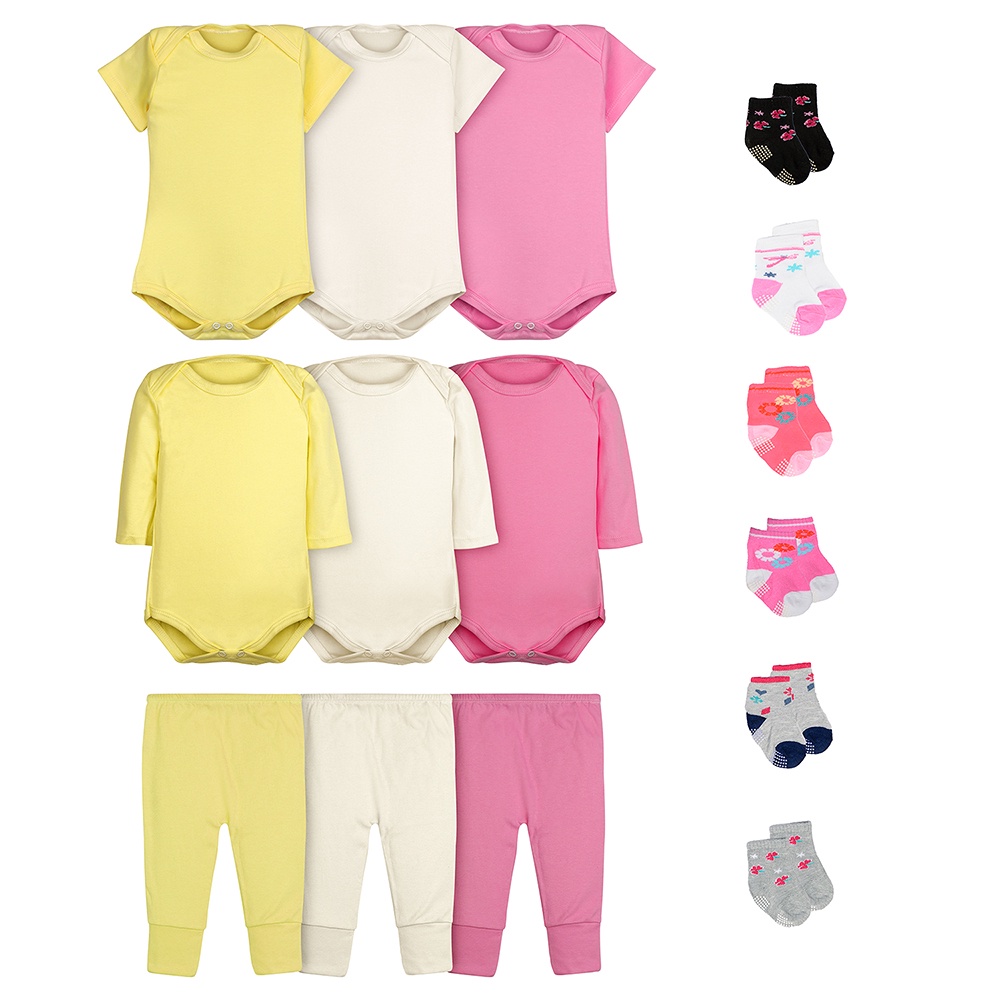 Body Bebê Calça Mijão e Meias Kit 15 Peças Feminino Roupinha de Bebê