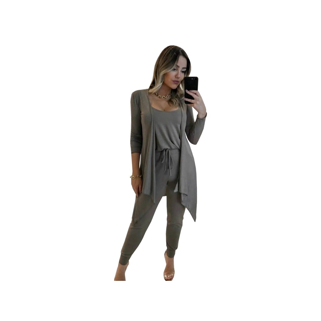 Cardigã Calça Regata Conjunto 3 Peças Kinomo Blusa Inverno Manga Longa 25