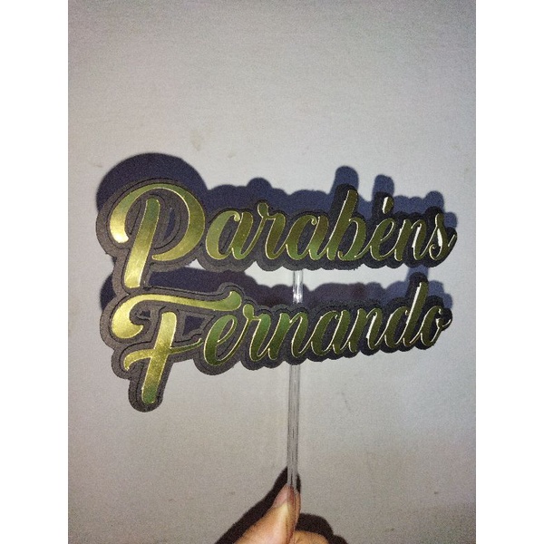 Topo de Bolo Dourado - Topper para Bolo Dourado com Escrita Parabéns e Nome Personalizado - Decoração para Bolo