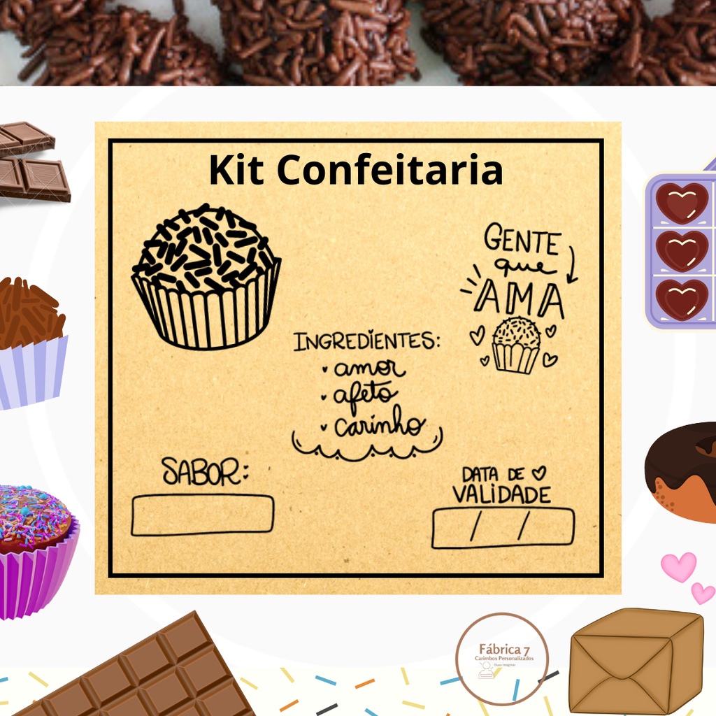 Kit de carimbos de madeira decorativo para embalagem/tags/cartão CONFEITARIA BRIGADEIRO DOCE