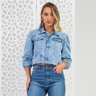 Jaqueta feminina jeans cropped com elastico na manga modelo novo 2022