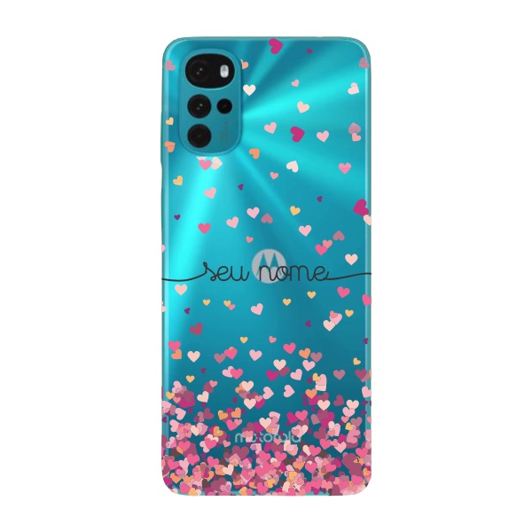 Capinha para Moto G22 Anti Impacto Personalizada - Chuva de corações rosa com nome manuscrito em Oferta na Shopee