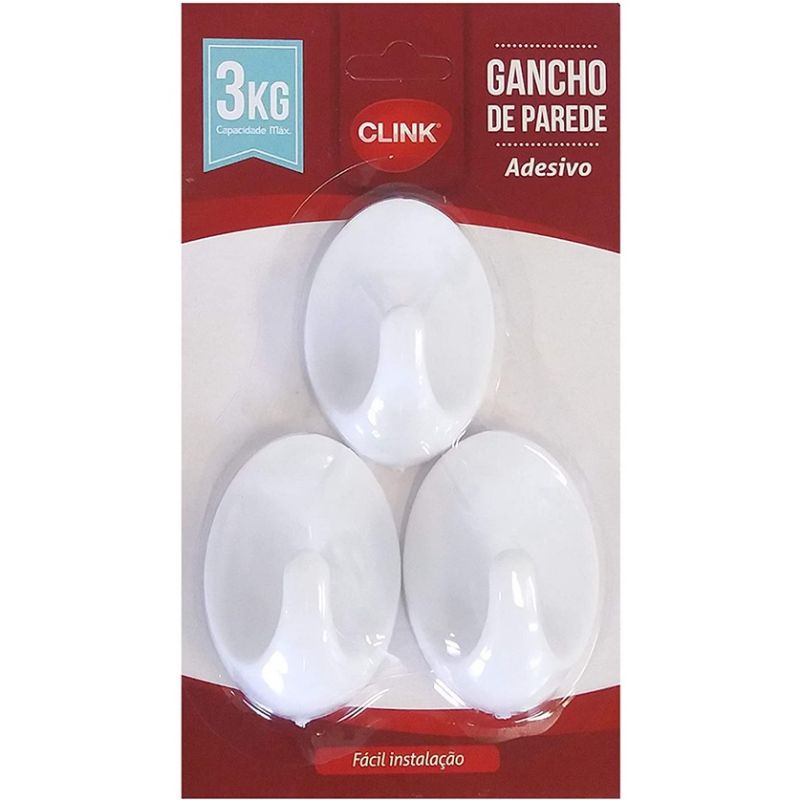 Gancho adedivo de parede adesivo branco com 3 peças 6 cm .Suporta 3 kilos.