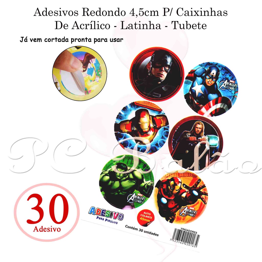 30 Rótulos Adesivos Vingadores para colocar Tubete, Latinha, Caixa Acrílica 4,5cm Redondo em Oferta na Shopee