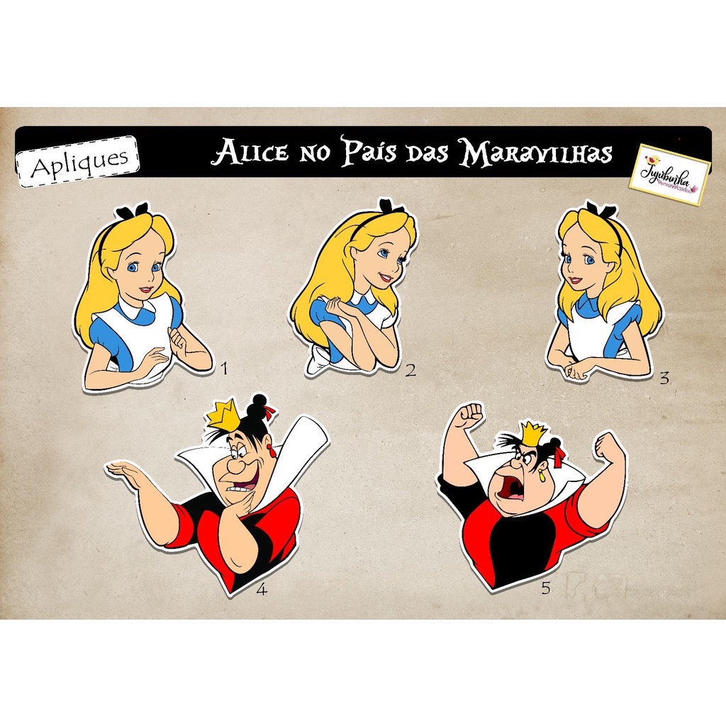 APLIQUE RECORTADO PARA TUBETES - BUSTO ALICE NO PAÍS DAS MARAVILHAS E RAINHA DE COPAS - ANIVERSARIOS
