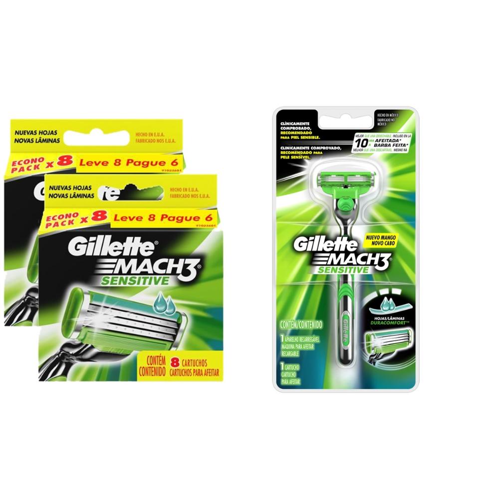 Kit Carga Gillette Mach3 Sensitive com 16 unidades + 1 Aparelho de Barbear Gillette Mach3 Sensitive - Beauty