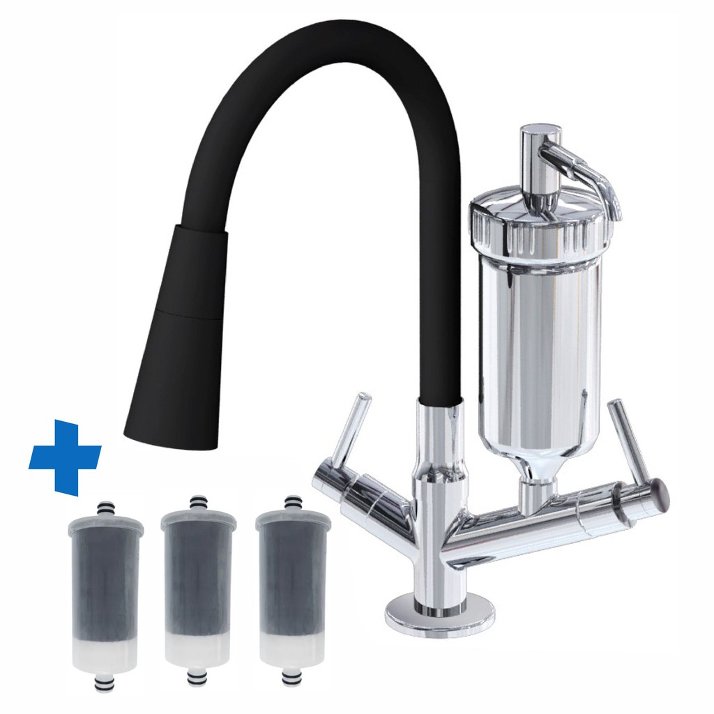 Torneira Com Filtro Bancada Gourmet + 2 REFIL Filtro Tubo Flexivel Bancada Cone 2 Jatos