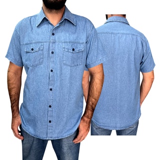 Camisa Social Jeans adulto masculina manga curta com bolso.