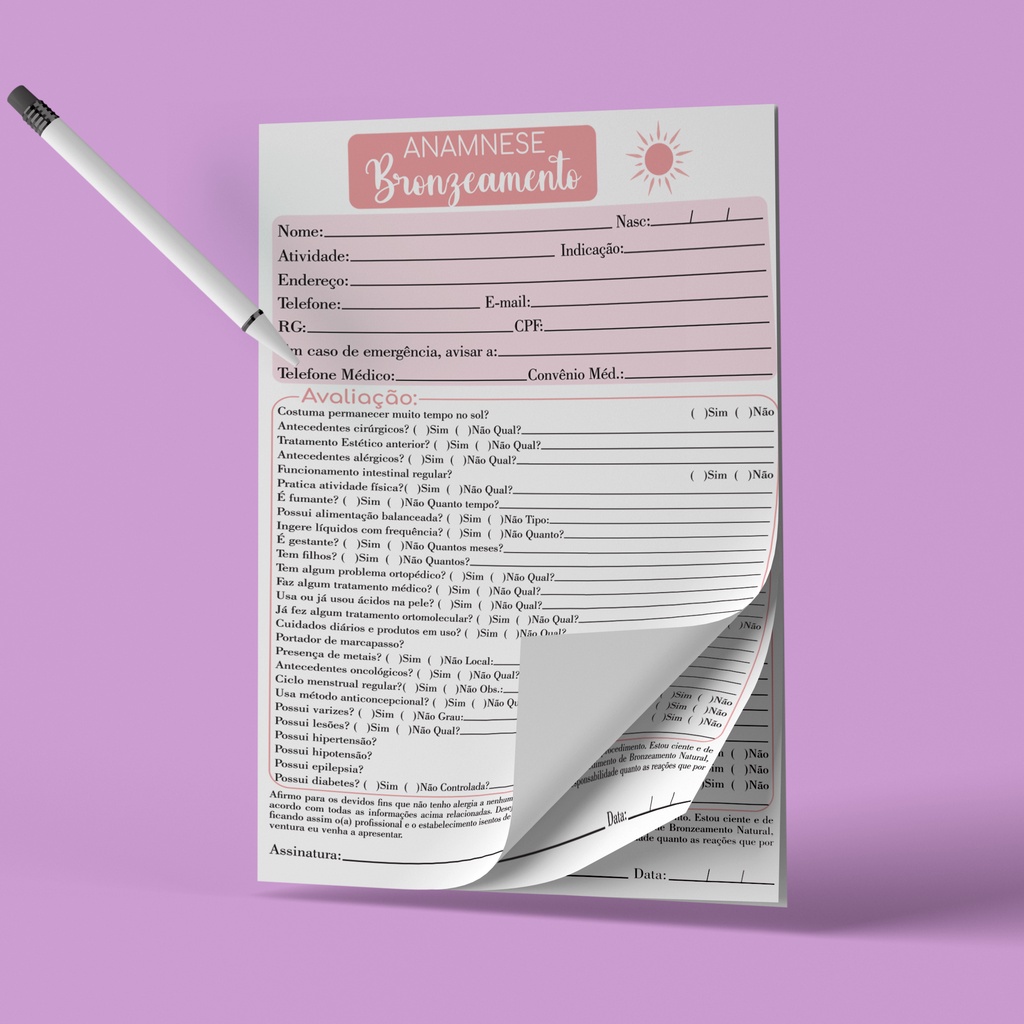 Ficha Bloco Anamnese Bronzeamento 100 Folhas 15x21