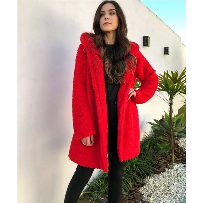 Casaco Feminino Max Gringo Teddy Peludo Capuz Manga Longa Sobretudo Felpudo e com Bolso Tedy Pelúcia