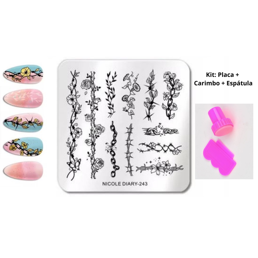 Kit Placa de Carimbo Floral  Redonda + Carimbo + Espátula Para Decoração de Unhas Para Manicures