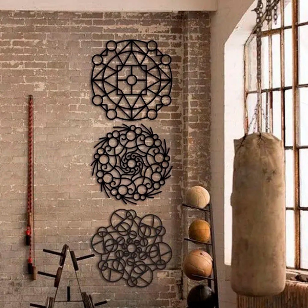 Imagem Trio Quadros Mandalas Placas Decorativo 40cm 3mm Preto