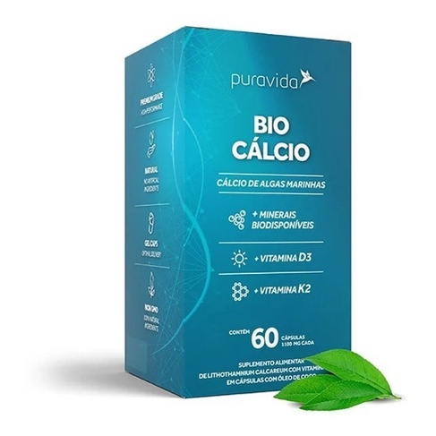 Bio Cálcio Marinho + Vitamina D3 K2 60caps Puravida + Brinde